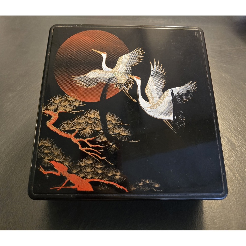Vintage Japanese Lacquerware Crane Sun Pine Tree Bento Box Trinket Tray Japan
